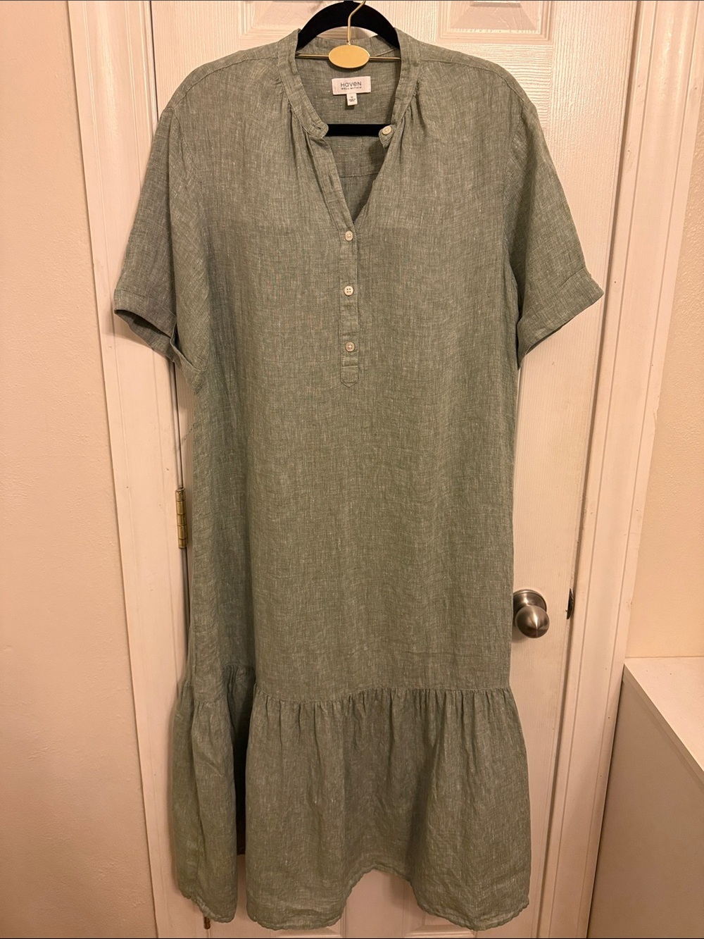 Light Sage 100%Linen Midi Dress with Henley Neck